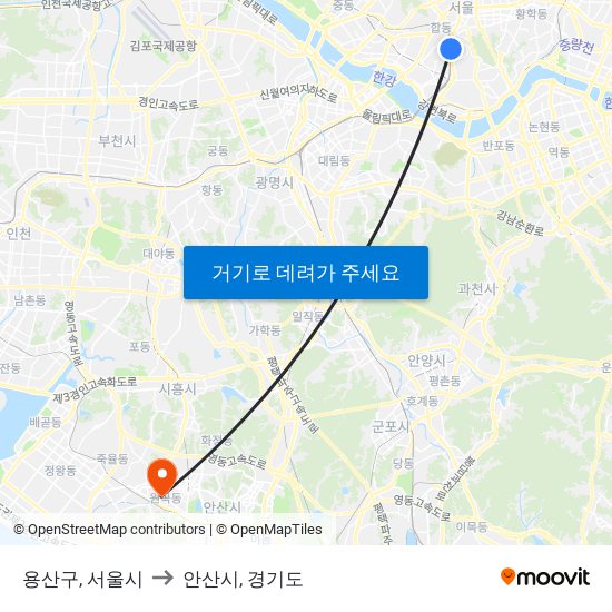용산구, 서울시 to 안산시, 경기도 map