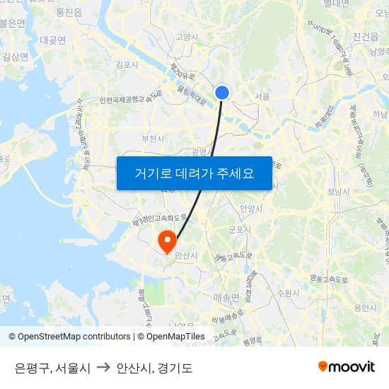 은평구, 서울시 to 안산시, 경기도 map