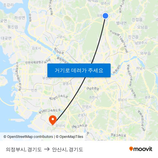 의정부시, 경기도 to 안산시, 경기도 map