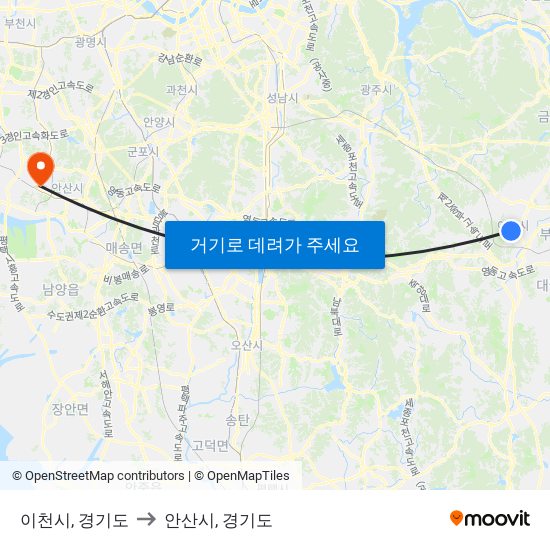 이천시, 경기도 to 안산시, 경기도 map