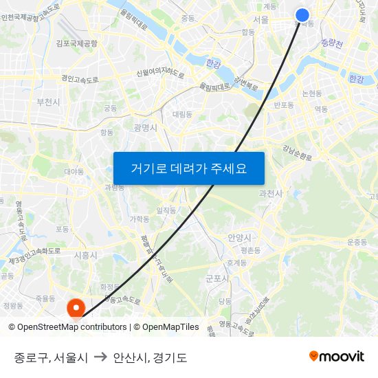 종로구, 서울시 to 안산시, 경기도 map