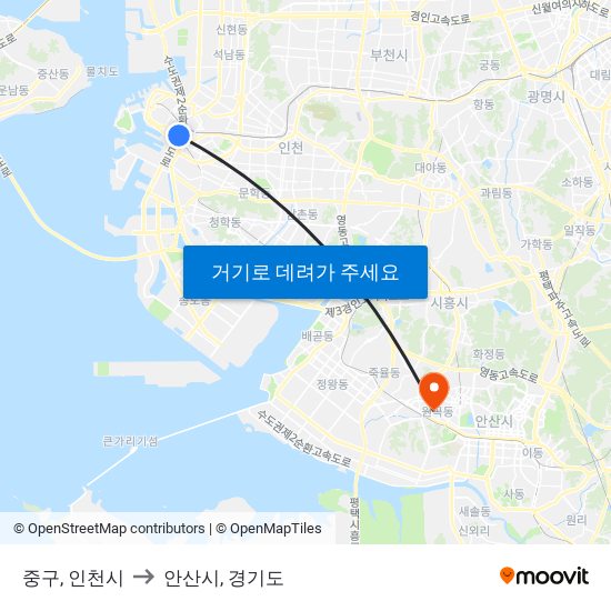 중구, 인천시 to 안산시, 경기도 map