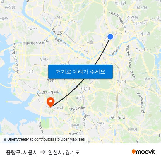 중랑구, 서울시 to 안산시, 경기도 map