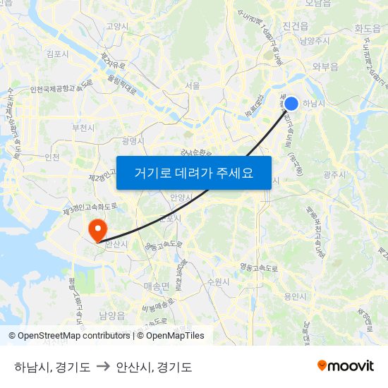 하남시, 경기도 to 안산시, 경기도 map