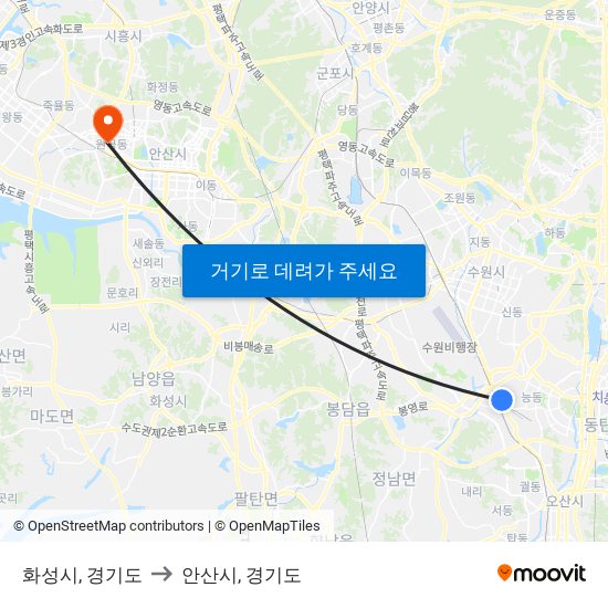 화성시, 경기도 to 안산시, 경기도 map