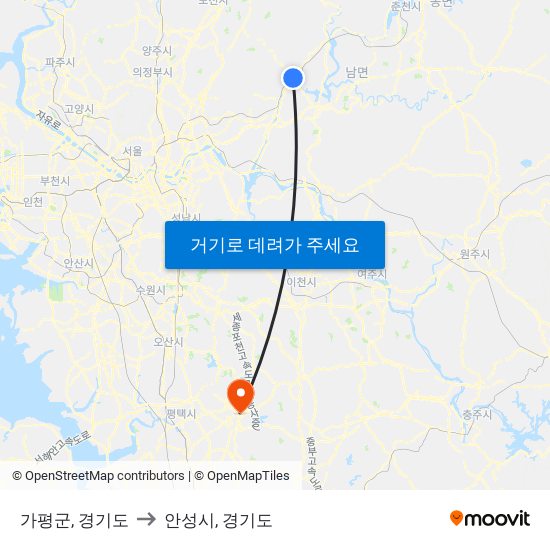 가평군, 경기도 to 안성시, 경기도 map