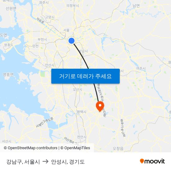 강남구, 서울시 to 안성시, 경기도 map