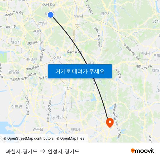 과천시, 경기도 to 안성시, 경기도 map