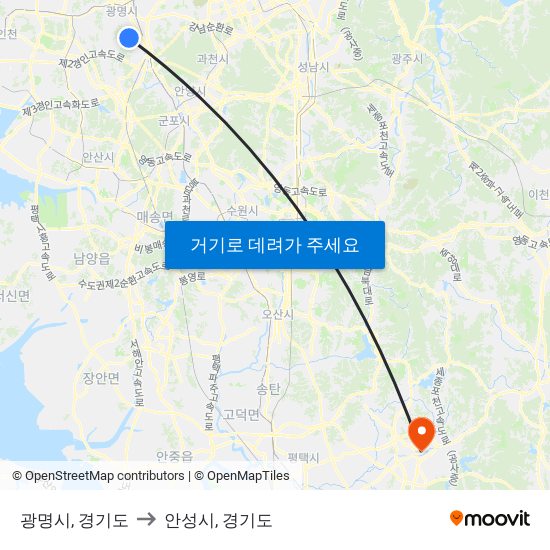 광명시, 경기도 to 안성시, 경기도 map