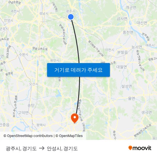 광주시, 경기도 to 안성시, 경기도 map