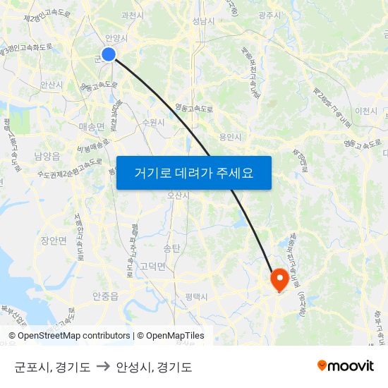 군포시, 경기도 to 안성시, 경기도 map