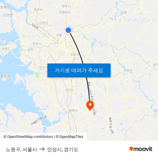 노원구, 서울시 to 안성시, 경기도 map