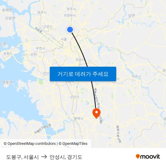 도봉구, 서울시 to 안성시, 경기도 map