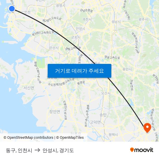 동구, 인천시 to 안성시, 경기도 map