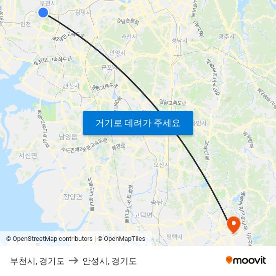 부천시, 경기도 to 안성시, 경기도 map