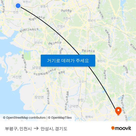 부평구, 인천시 to 안성시, 경기도 map