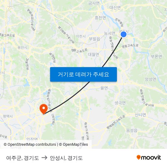 여주군, 경기도 to 안성시, 경기도 map