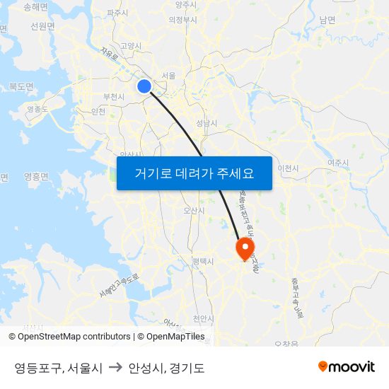 영등포구, 서울시 to 안성시, 경기도 map