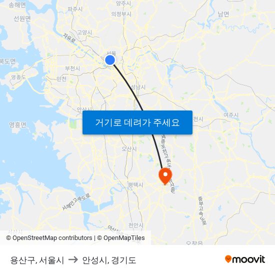 용산구, 서울시 to 안성시, 경기도 map