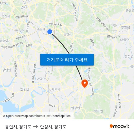 용인시, 경기도 to 안성시, 경기도 map