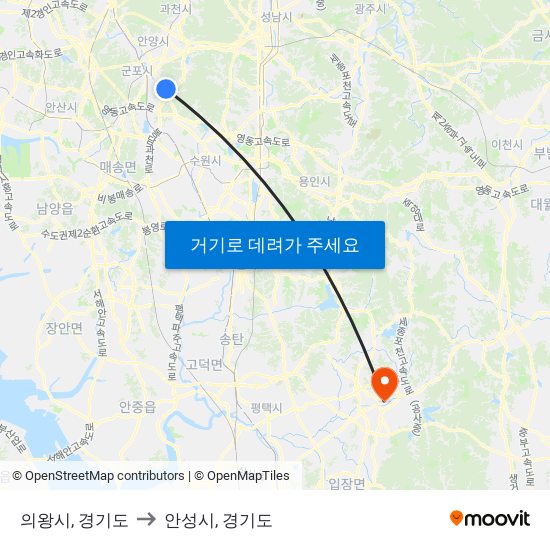 의왕시, 경기도 to 안성시, 경기도 map