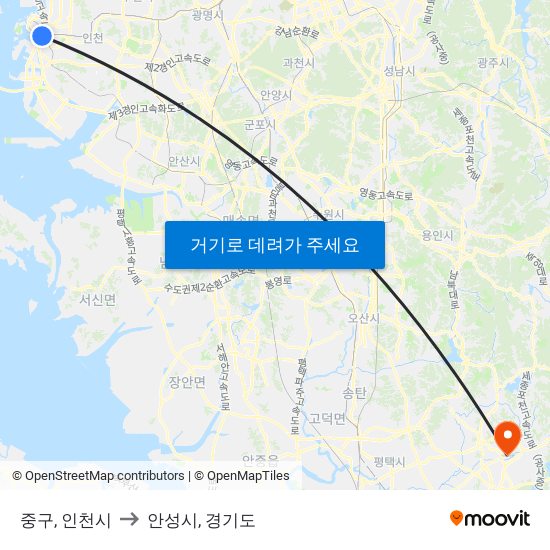 중구, 인천시 to 안성시, 경기도 map