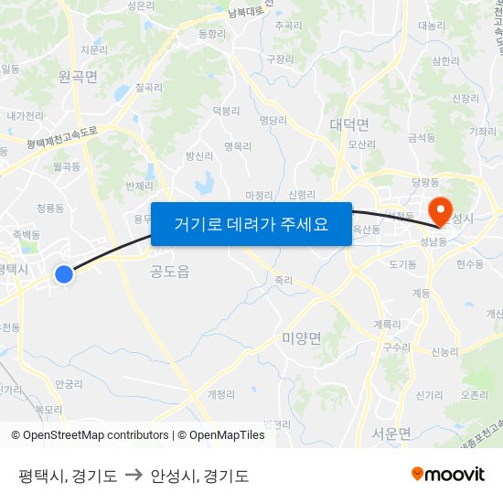 평택시, 경기도 to 안성시, 경기도 map