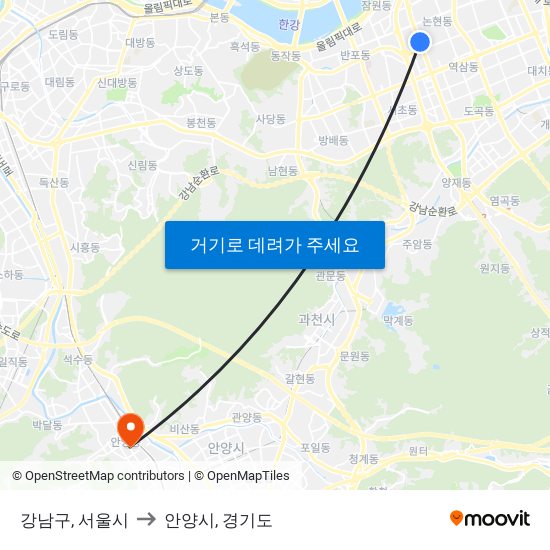 강남구, 서울시 to 안양시, 경기도 map