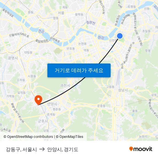 강동구, 서울시 to 안양시, 경기도 map