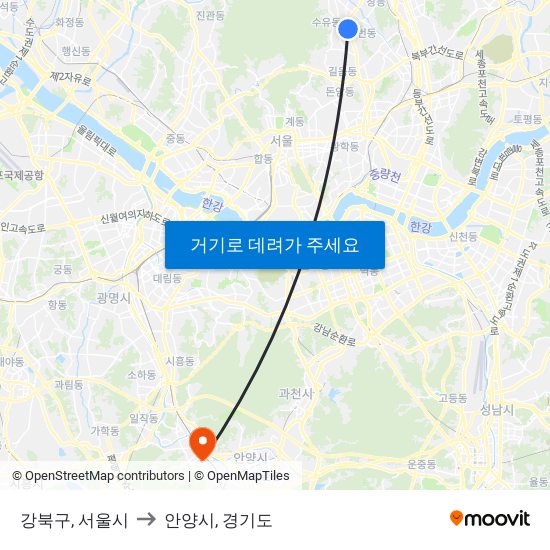 강북구, 서울시 to 안양시, 경기도 map