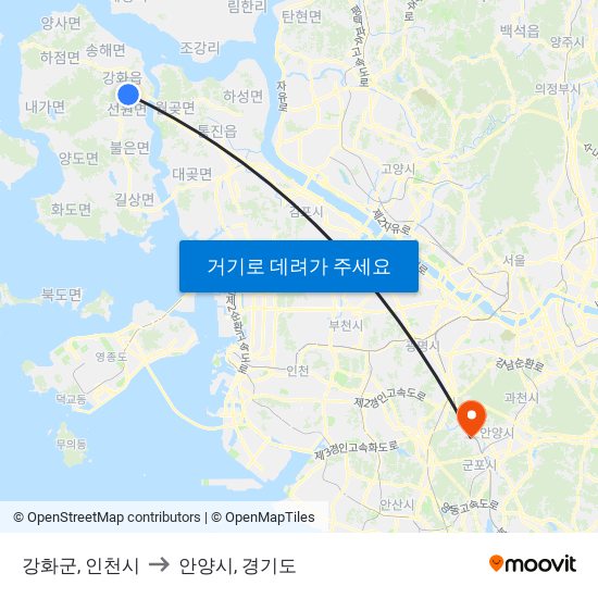 강화군, 인천시 to 안양시, 경기도 map