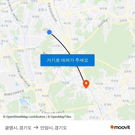 광명시, 경기도 to 안양시, 경기도 map