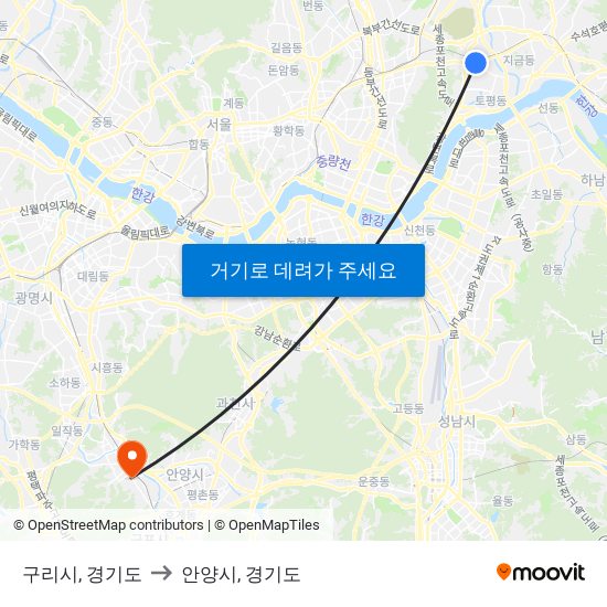 구리시, 경기도 to 안양시, 경기도 map