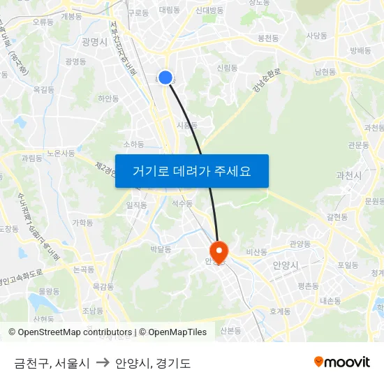 금천구, 서울시 to 안양시, 경기도 map