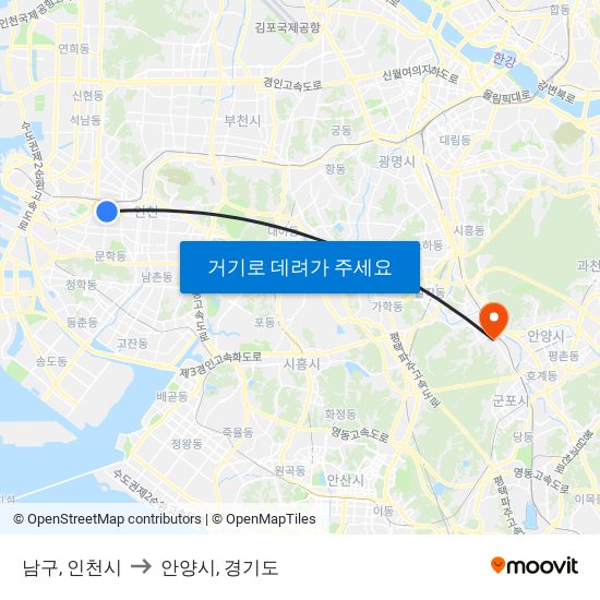 남구, 인천시 to 안양시, 경기도 map