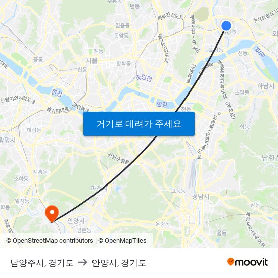 남양주시, 경기도 to 안양시, 경기도 map