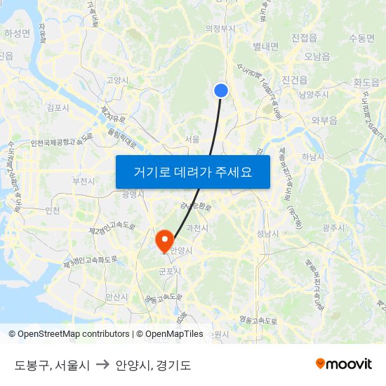 도봉구, 서울시 to 안양시, 경기도 map