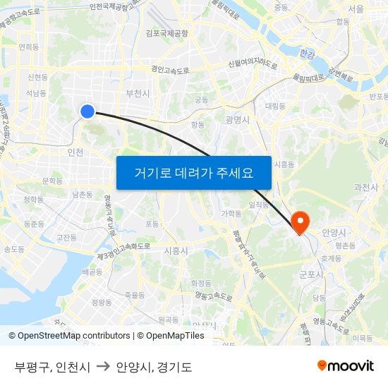 부평구, 인천시 to 안양시, 경기도 map