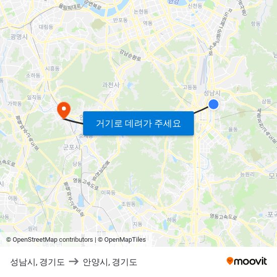 성남시, 경기도 to 안양시, 경기도 map