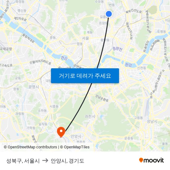 성북구, 서울시 to 안양시, 경기도 map