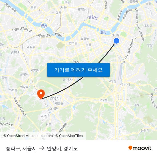 송파구, 서울시 to 안양시, 경기도 map