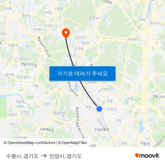 수원시, 경기도 to 안양시, 경기도 map