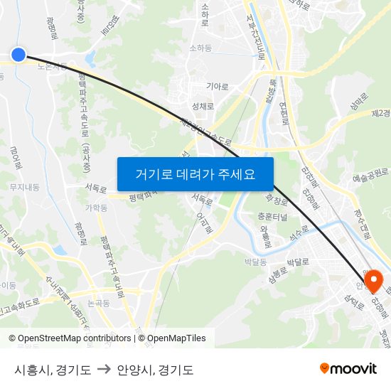 시흥시, 경기도 to 안양시, 경기도 map