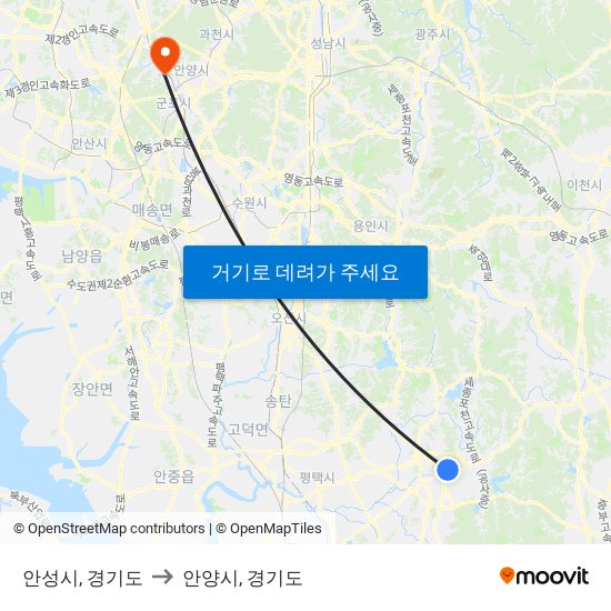 안성시, 경기도 to 안양시, 경기도 map