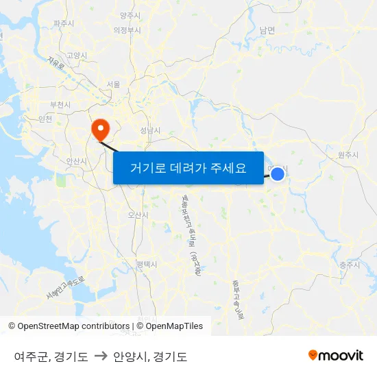 여주군, 경기도 to 안양시, 경기도 map