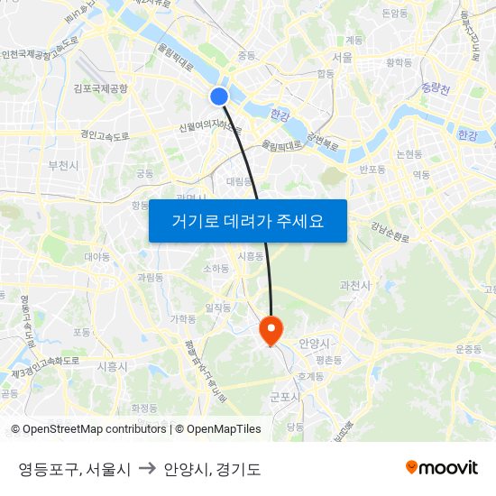 영등포구, 서울시 to 안양시, 경기도 map