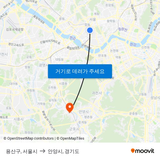 용산구, 서울시 to 안양시, 경기도 map