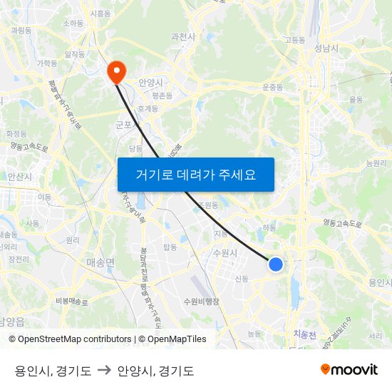 용인시, 경기도 to 안양시, 경기도 map