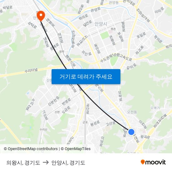 의왕시, 경기도 to 안양시, 경기도 map