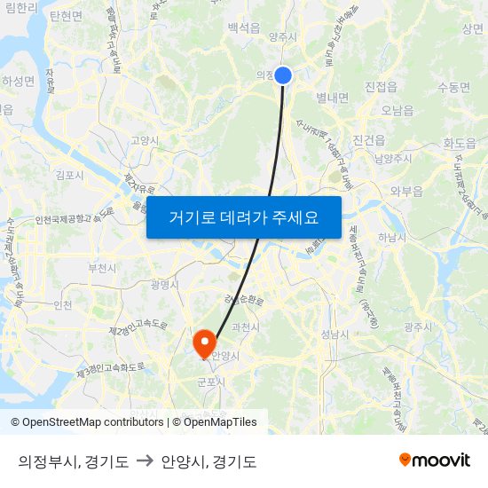 의정부시, 경기도 to 안양시, 경기도 map